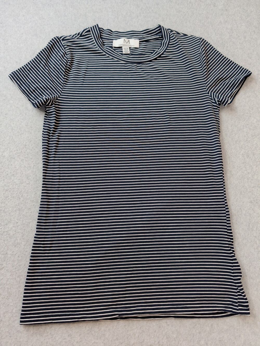 Magaschoni Black White Stripes XS Top Crew Neck Knit Stretchy Tee Timeless Prep